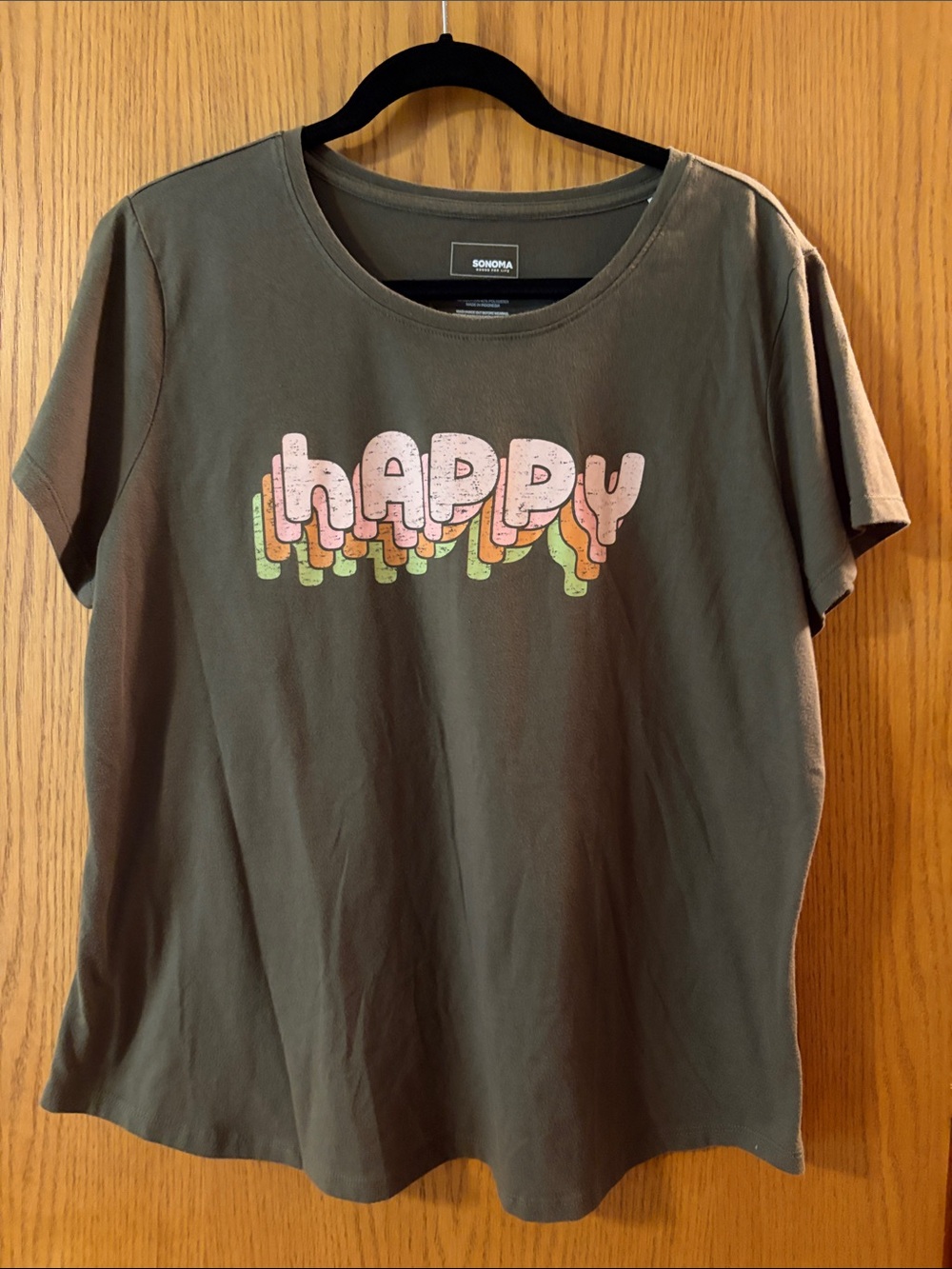 Sonoma Olive Green Tee with Pink & Multicolor 'Happy' Graphic